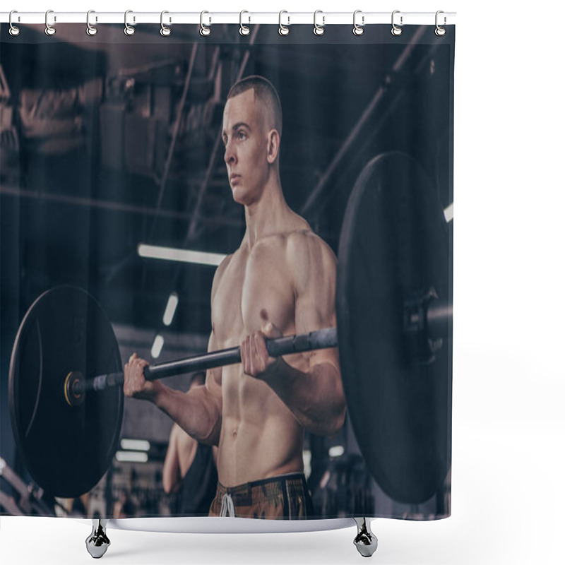 Personality  Shirtless Muscular Male Crossfit Athlete Lifting Barbell At The Gym, Copy Space. Handsome Young Athletic Man With Sexy Ripped Torso Working Out With Barbell. Sport, Motivation, Fitness Concept Shower Curtains