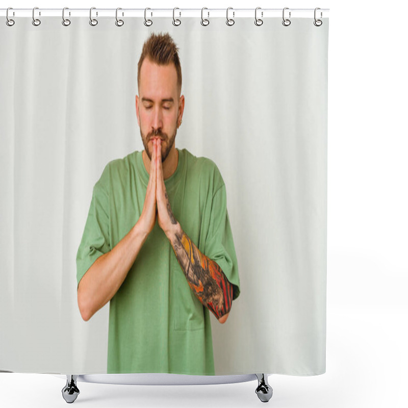 Personality  Young Tattooed Caucasian Man Isolated On White Background Praying, Showing Devotion, Religious Person Looking For Divine Inspiration. Shower Curtains