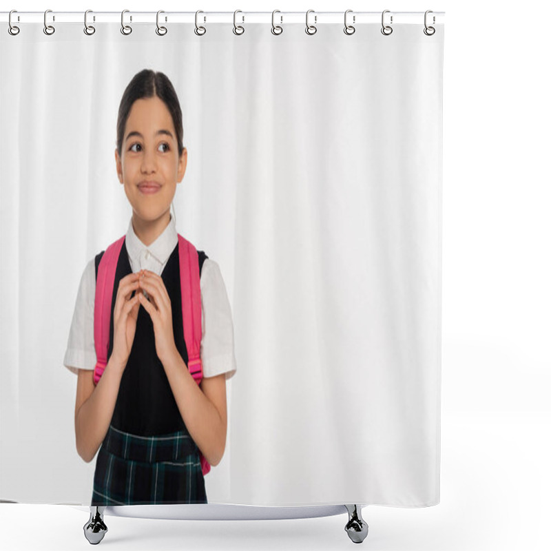 Personality  Happy Schoolgirl Having Idea, Creativity, Looking Away Isolated On White, Standing With Backpack Shower Curtains