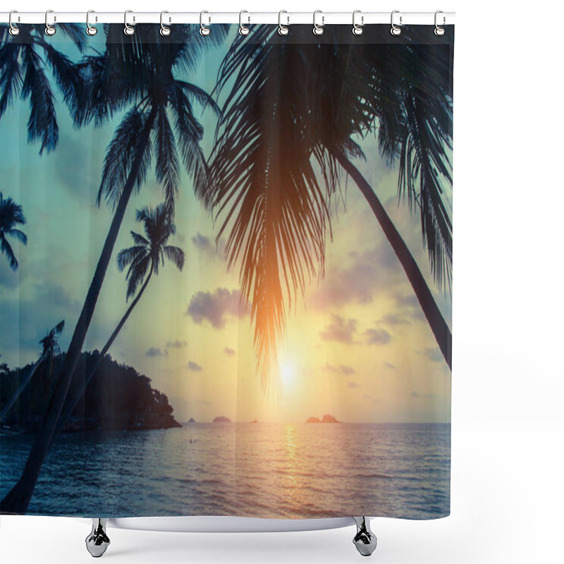 Personality  Tropical Sea Beach During Sunset, With Silhouettes Of Palm Leaves. Shower Curtains