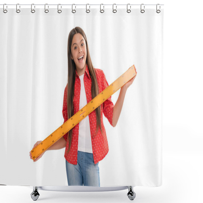 Personality  Amazed Child Hold Ruler Study Algebra At School Isolated On White, Back To School Shower Curtains