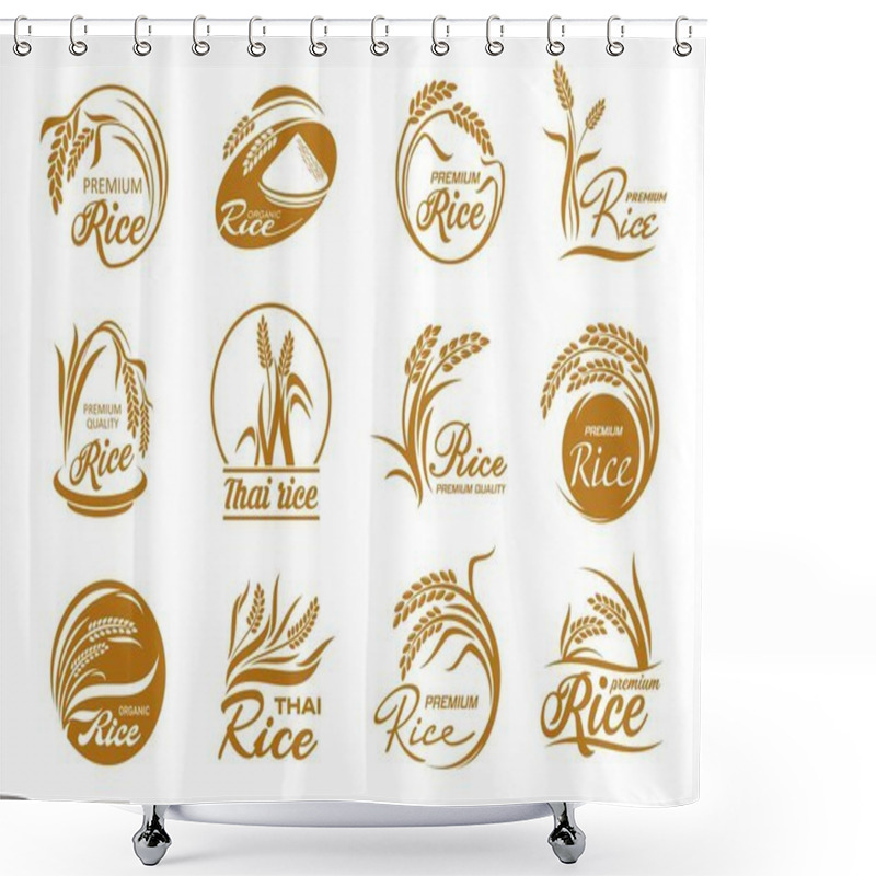 Personality  Rice Icons With Cereal Plants And Paddy Grains. Vector Gold Leaves And Seeds Of Farm Field Crop Plant, Bowl And Grains Pile Silhouettes In Round Frames, Thai And Jasmine Rice Packaging Labels Set Shower Curtains