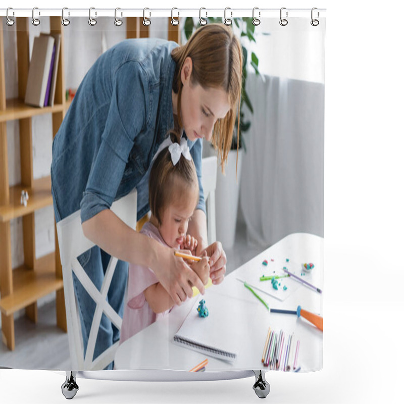 Personality  Teacher Assisting Disabled Child With Down Syndrome Molding Plasticine In Private Kindergarten  Shower Curtains