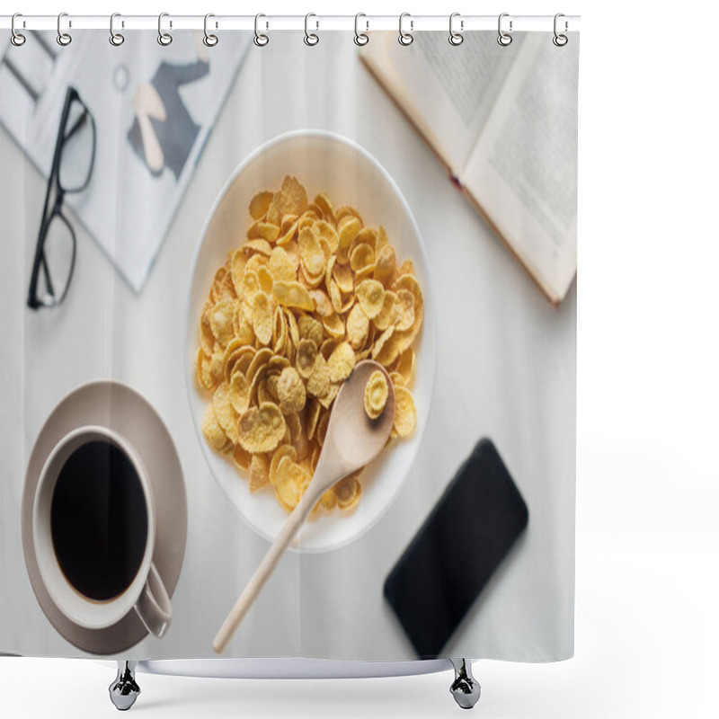 Personality  Top View Of Bowl Of Corn Flakes Breakfast With Cup Of Coffee And Croissant On White Surface With Newspaper, Smartphone And Book Shower Curtains