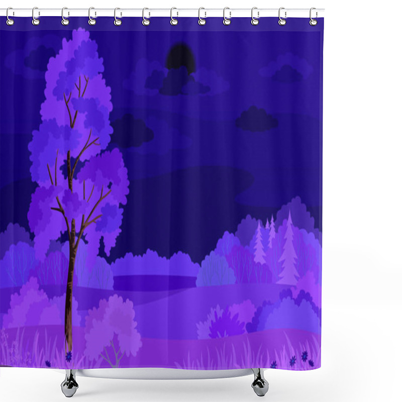 Personality  Woodland Landscape With Birch, Fir Trees And Flowers. Vector Shower Curtains