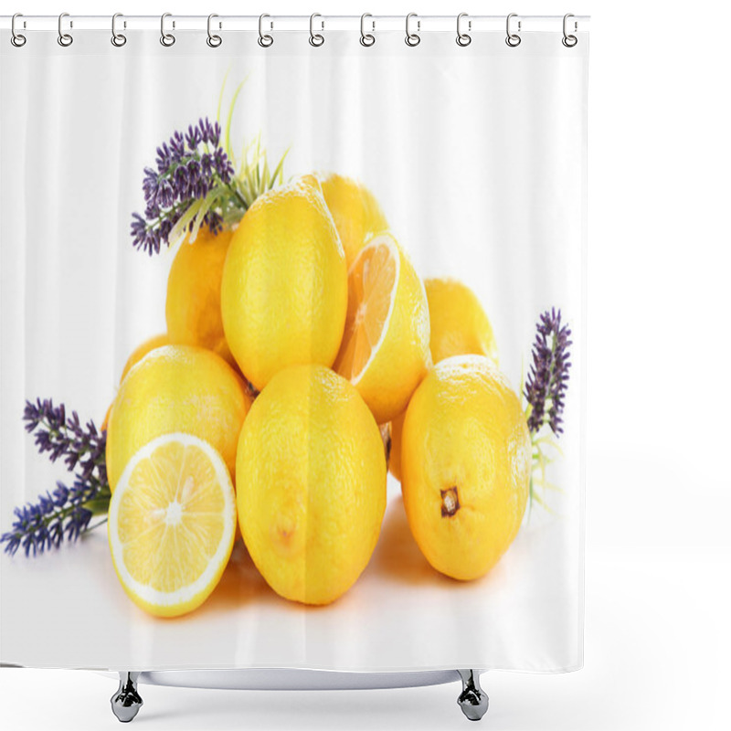 Personality  Still Life With Fresh Lemons And Lavender, Isolated On White Shower Curtains