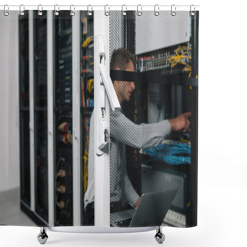 Personality  Portrait Of Modern Young Man Holding Laptop Standing In Server Room Working With Supercomputer Shower Curtains