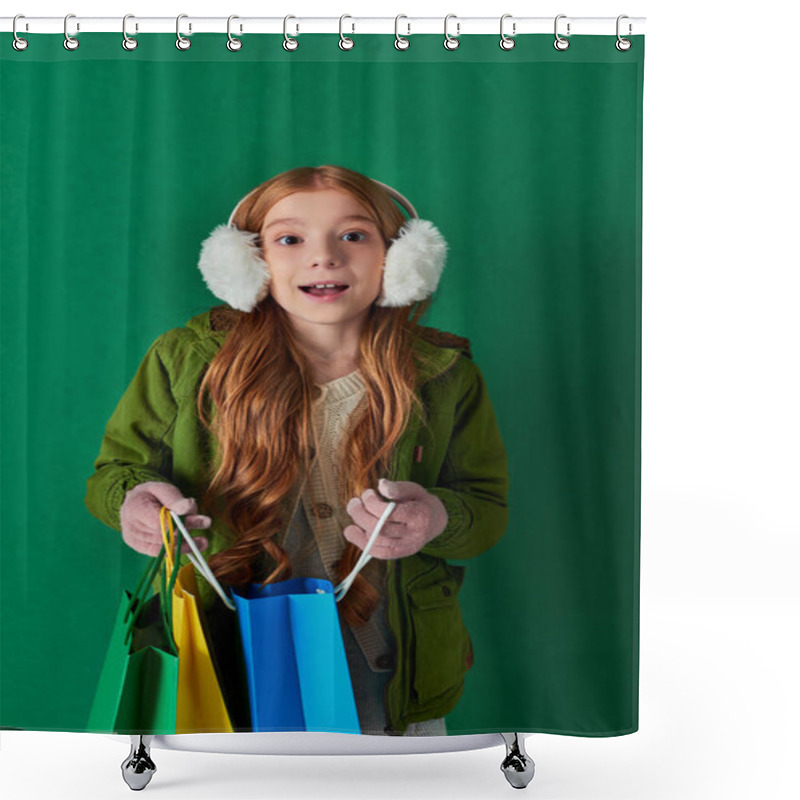 Personality  Winter Holidays, Excited Child In Winter Outfit And Ear Muffs Holding Shopping Bags On Turquoise Shower Curtains