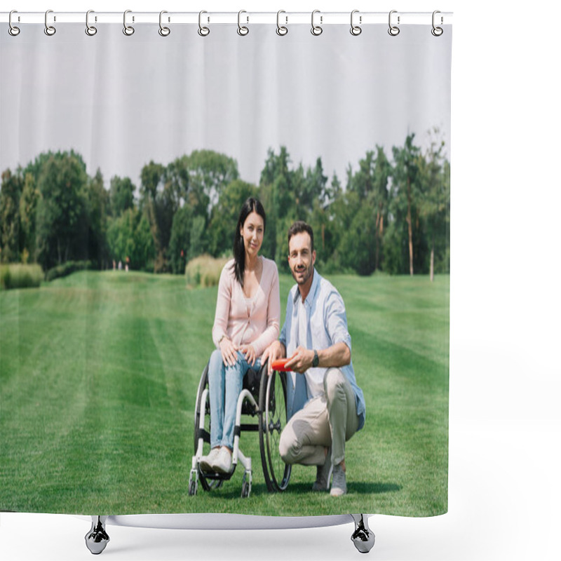 Personality  Smiling Man Holding Flying Disc Near Young Disabled Girlfriend In Park Shower Curtains