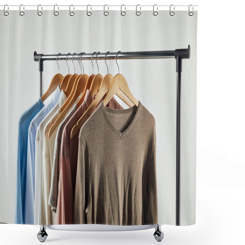 Personality  Straight Rack, Wooden Hangers And Male Clothes Isolated On Grey Shower Curtains