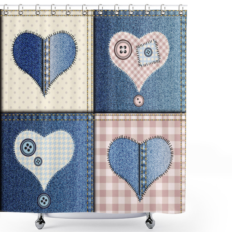 Personality  Jeans Patchwork With Applique Of Hearts Shower Curtains