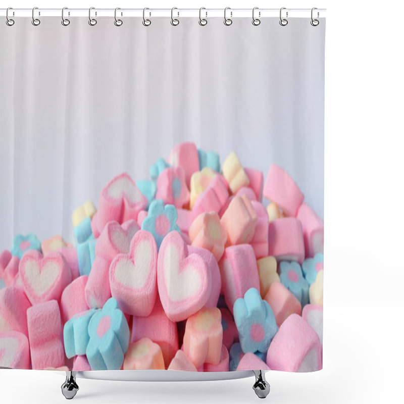 Personality  Pair Of Pink And White Heart Shaped Marshmallow On The Pile Of Pastel Color Flower Shaped Marshmallow Candies With Free Space For Text And Design Shower Curtains