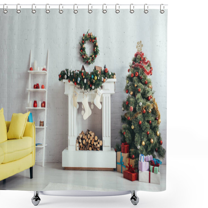 Personality  Christmas Tree, Wreath, Stockings And Fireplace In Decorated Living Room Shower Curtains