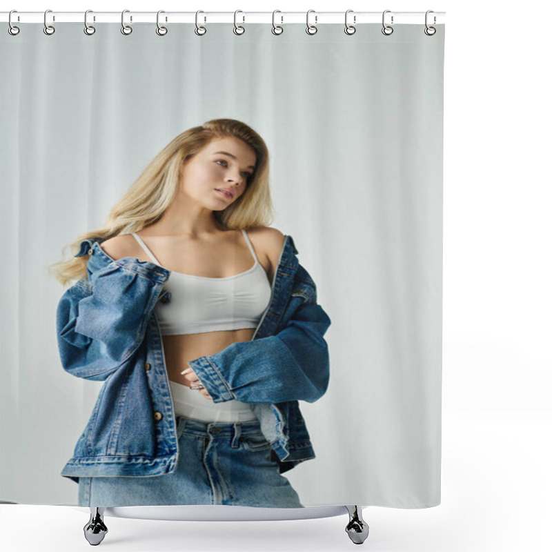 Personality  A Young Woman Displays Her Unique Style In A Denim Jacket In A Minimalist Setting. Shower Curtains