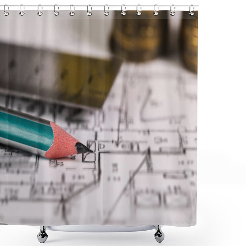 Personality  Coal Pencil And Metal Ruler On A Technical Drawing Of An Apartment. Closeup Shower Curtains