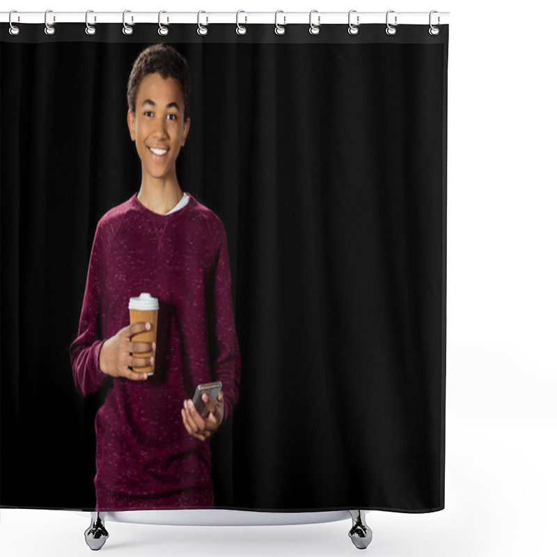 Personality  Boy With Smartphone And Coffee To Go Shower Curtains