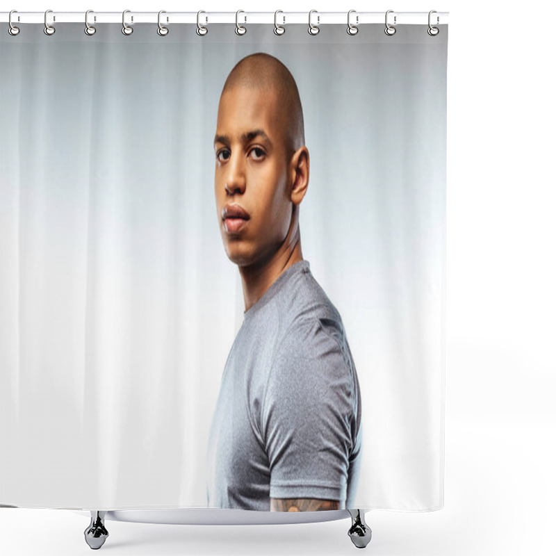 Personality  Sportive Bold African-american Man Wearing Sport T-shirt Shower Curtains