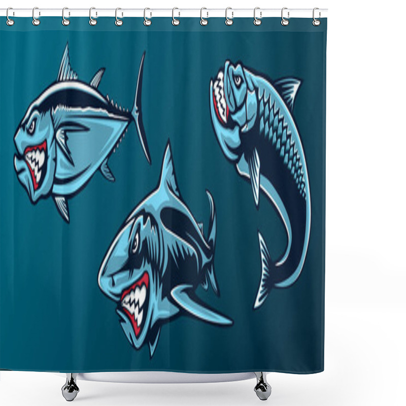 Personality  Fishing Set Of Angry Tuna, Shark And Piranha. Fishing Emblem Of Ocean Fish. Big Eye Tuna. Angry Fishing Club Logotype. Dangerous Fish. Shower Curtains