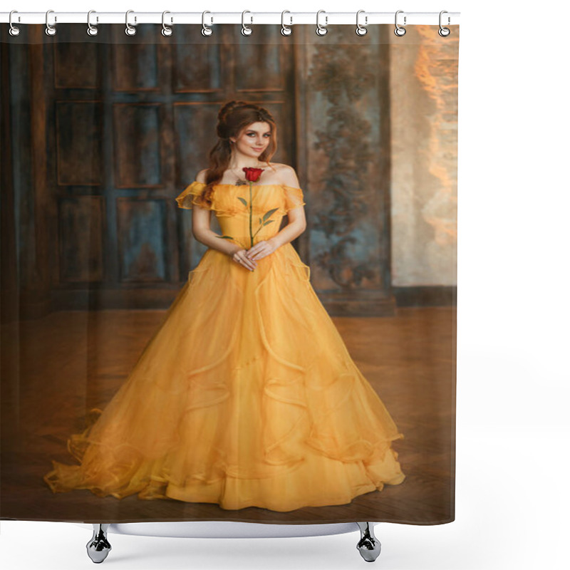 Personality  Girl Beauty Fantasy Princess In Yellow Long Historical, Medieval Silk Dress Holding Flower Red Rose In Her Hands. Background Of Old Gothic Castle Room. Fairy Tale Bewitched Queen. Happy Woman Smiles Shower Curtains