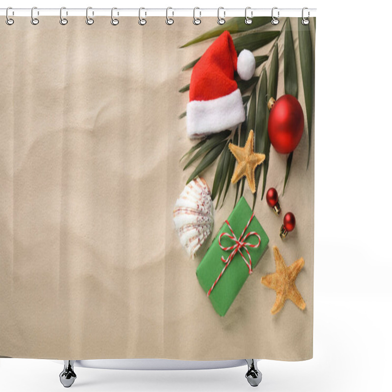 Personality  Flat Lay Composition With Santa Hat And Starfishes On Sand, Space For Text. Christmas Vacation Shower Curtains