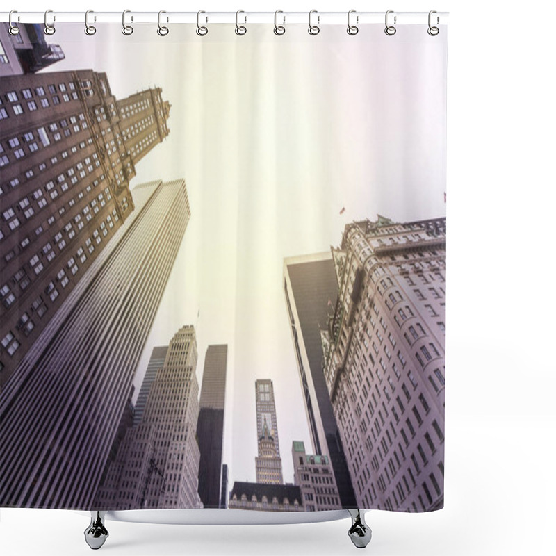 Personality  Vintage Stylized Photo Of Skyscrapers In Manhattan At Sunset, New York City, USA. View Up Of Building Shower Curtains