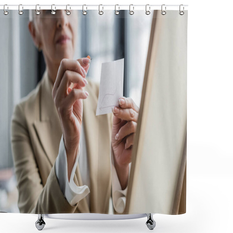 Personality  Selective Focus Of Paper Note And Pushpin In Hands Of Cropped Banker On Blurred Background Shower Curtains