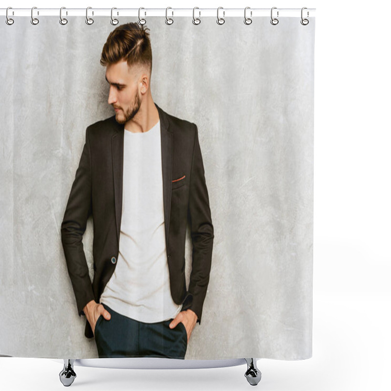 Personality  Portrait Of Handsome Hipster Lumbersexual Businessman Model Wearing Casual Black Suit. Fashion Stylish Man Posing Against Gray Wall Shower Curtains