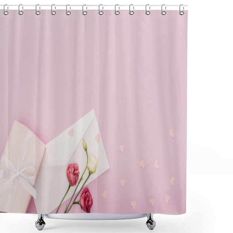 Personality  Top View Of Envelope, Gift Box, Flowers And Paper Hearts Isolated On Pink Shower Curtains