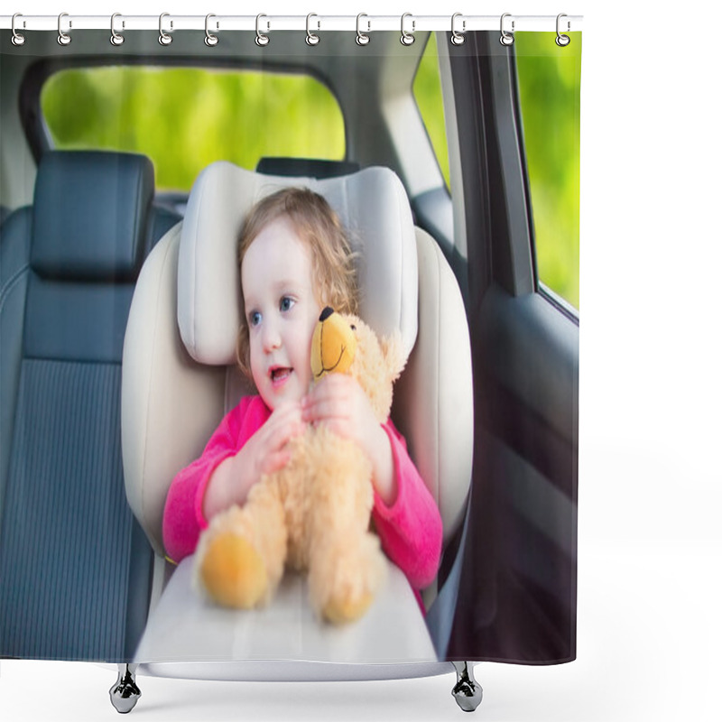 Personality  Cute Toddler Girl In A Car Seat During Vacation Trip Shower Curtains