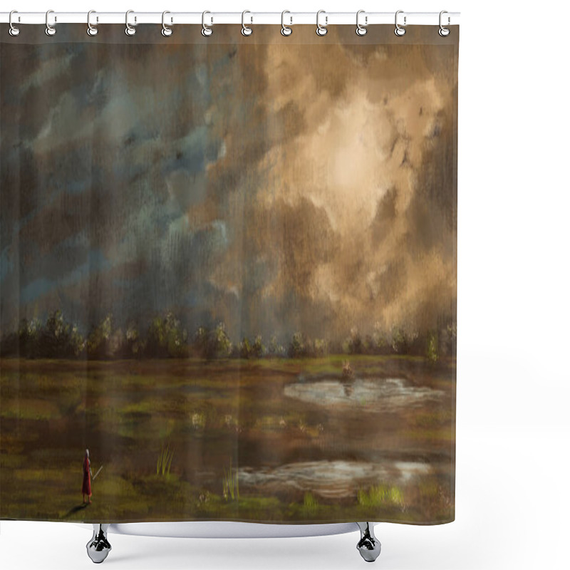 Personality  Warrior, Knight With Sword Standing In Landscape With Pond, Trees And Dramatic Sunset Sky. Fantasy Digital Hand Background Painting  Shower Curtains