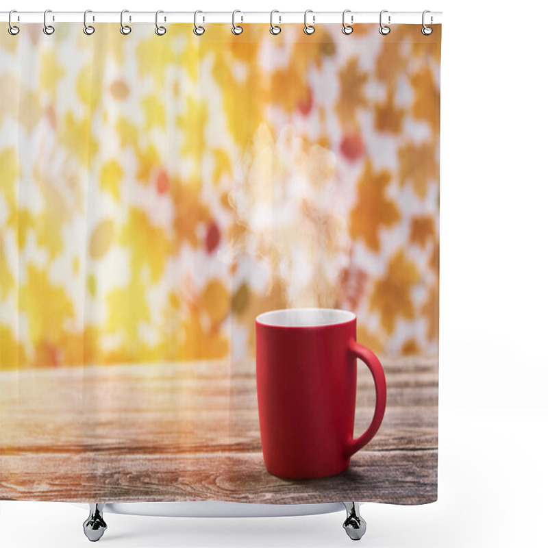 Personality  Hot  Coffee Cup On A Autumn Leaves Background. Red Coffee Mug. Shower Curtains