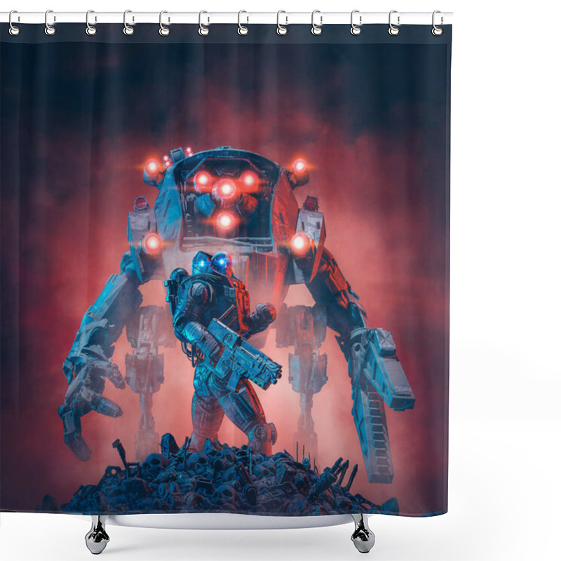 Personality  Space Soldier Mech Robot / 3D Illustration Of Science Fiction Military Warrior And Giant Robotic Mecha Standing On Battle Field With Ominous Red Sky Background Shower Curtains