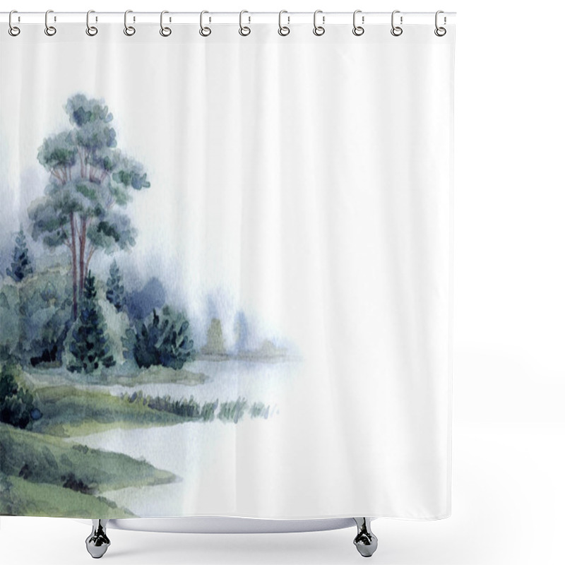 Personality  Hand Drawn Light Watercolour Artwork Paint Sketch On Paper Backdrop Text Space. Grey Color Dark Calm Rural Meadow Fall Mist Smoke Sea Scenic View. Shrub Thicket Plant Park. Haze White Creek Bay Scene Shower Curtains