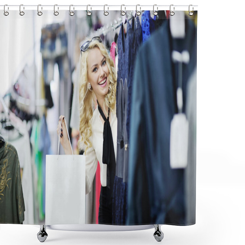 Personality  Beautiful Blonde Girl Chooses Clothes. Girl Holding Shopping Bags. Shower Curtains