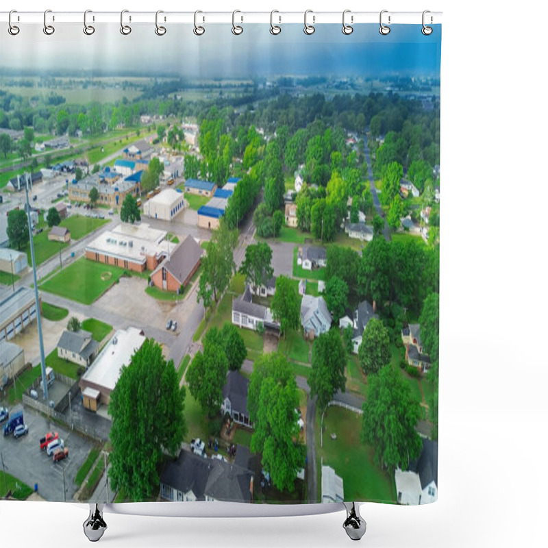 Personality  Traditional Red Brick Buildings, Residential Houses In Historic Small-town USA Of Checotah, McIntosh County, Oklahoma, Churches, Schools, Large Houses With Vacant Land, Lush Green Trees, Aerial. USA Shower Curtains