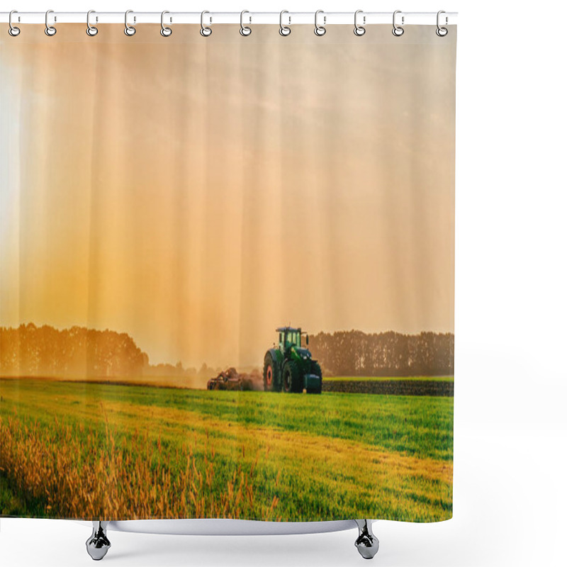 Personality  A Tractor In A Field Plows The Ground At Dawn, Sowing Grain, Sunset, Sunrise. High Quality Photo Shower Curtains