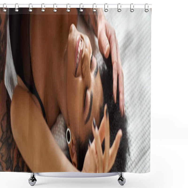 Personality  Top View Of Happy Multicultural Couple Lying Together On Bed In Bedroom, Horizontal Banner Shower Curtains