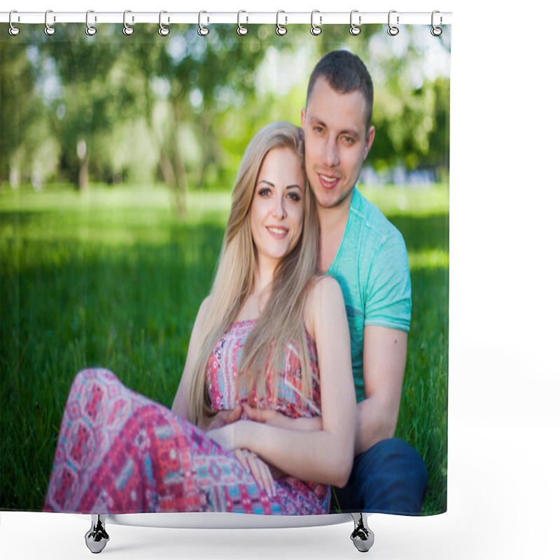 Personality  Happy Couple Smiling At The Camera In The Park.  Perfect Hair An Shower Curtains