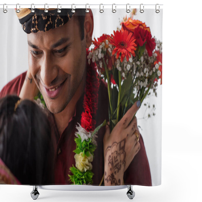 Personality  Happy Indian Man In Turban Looking At Blurred Bride With Mehndi Holding Flowers Isolated On White Shower Curtains