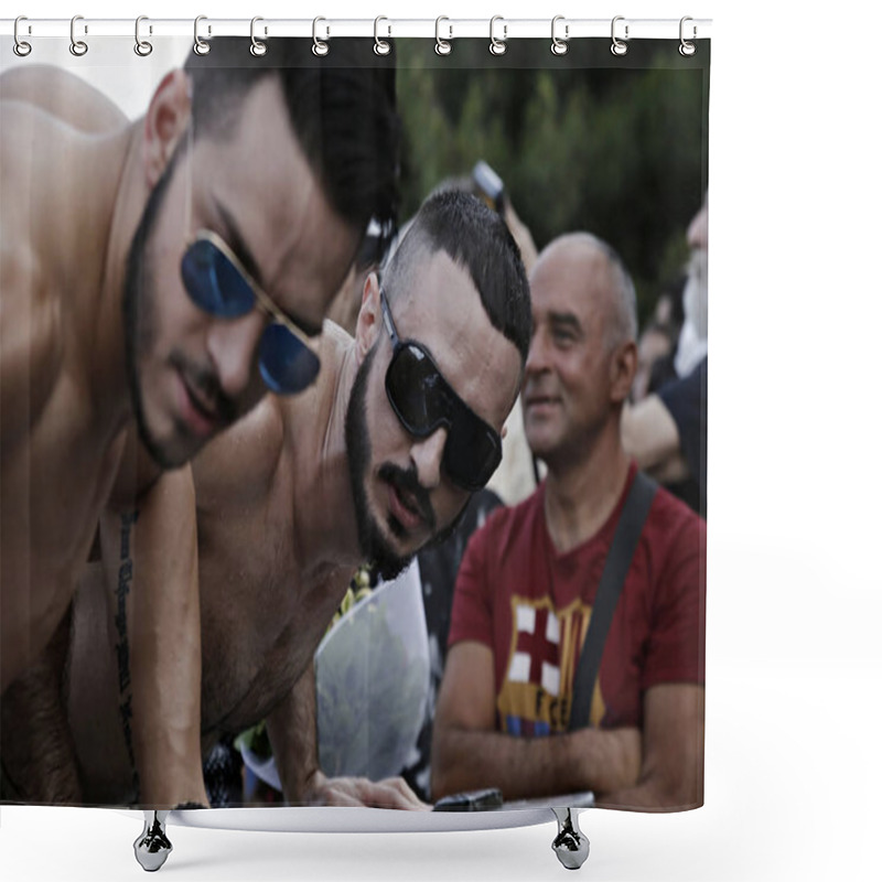 Personality  Participants Carry The Rainbow Flag As They March During The Gay Pride Parade In Thessaloniki, Greece On June 20, 2015 Shower Curtains