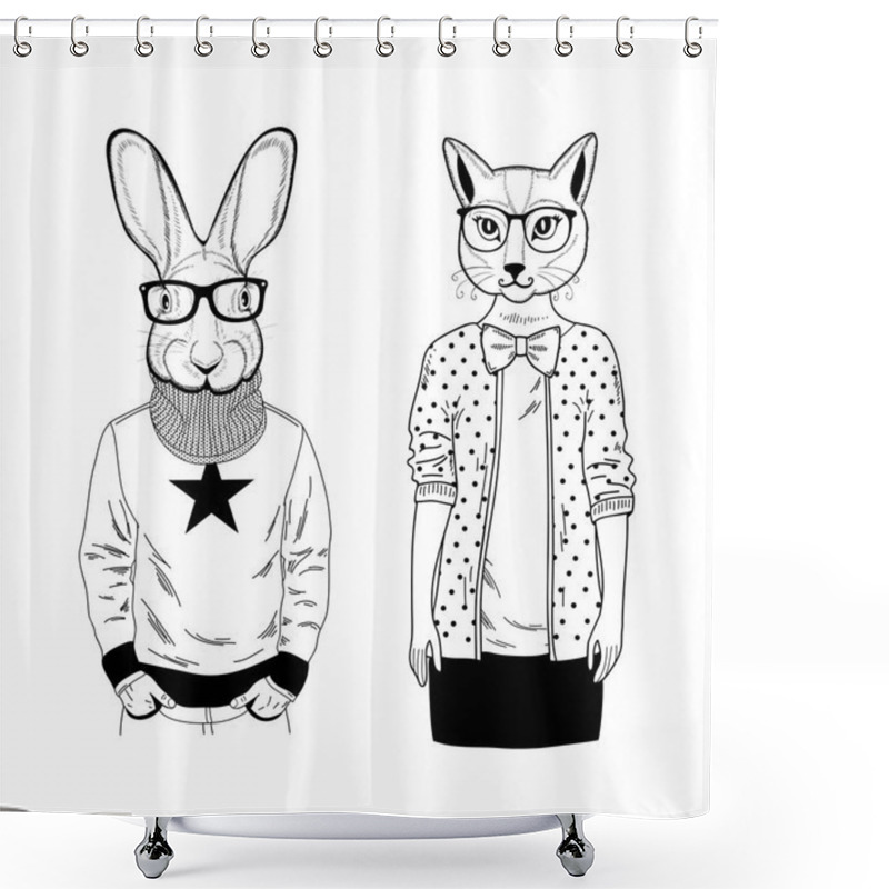 Personality  Couple Of Domestic Cat And Wild Rabbit. Creative Set Of Hand Drawn Animals With Human Body. Vector Illustration For Coloring Book. Shower Curtains