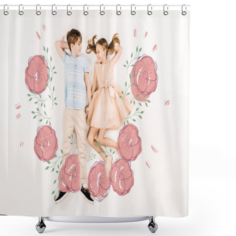 Personality  Top View Of Cheerful Kids Holding Hands Near Pink Flowers On White  Shower Curtains