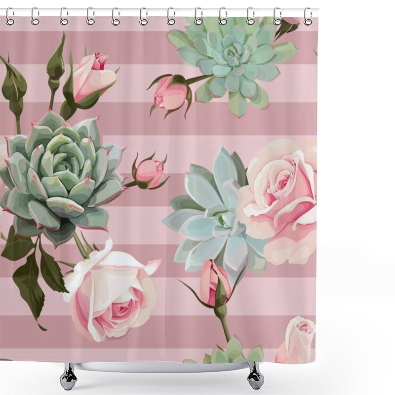 Personality  Succulents And Roses Vector Seamless Pattern Shower Curtains