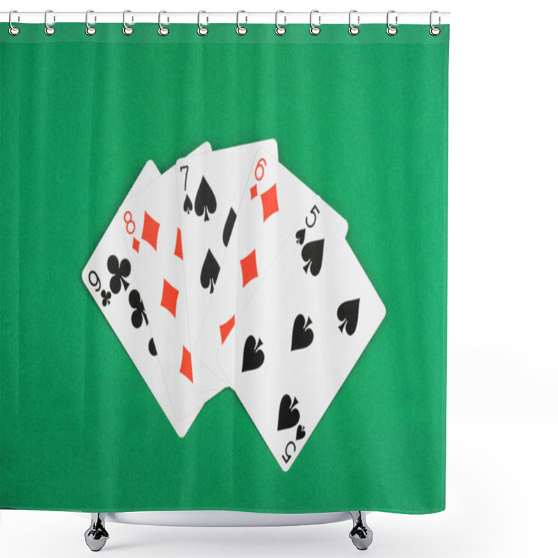 Personality  Top View Of Green Poker Table And Unfolded Playing Cards With Different Suits Shower Curtains