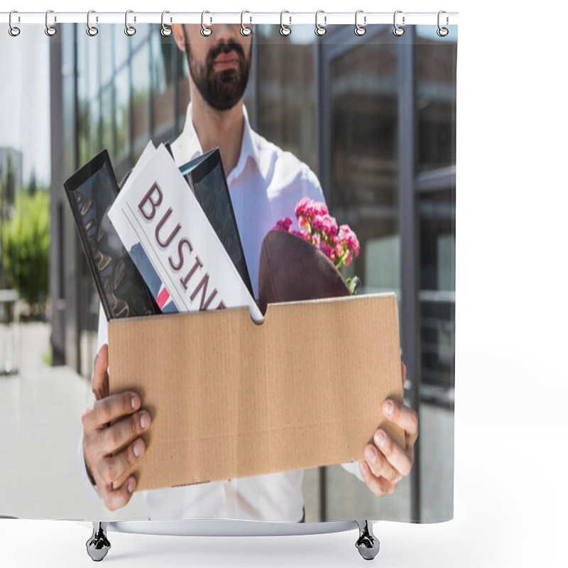 Personality  Cropped Shot Of Young Manager With Box Of Personal Stuff Outdoors After He Was Fired Shower Curtains