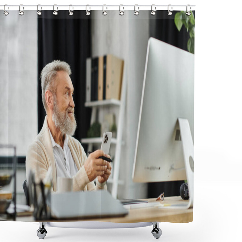 Personality  Handsome Senior Man Holds A Smartphone, Focused On His Computer In A Modern Workspace. Shower Curtains