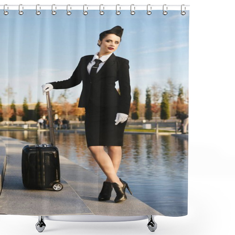 Personality  Beautiful Confident Girl Stewardess In Uniform Posing, With Suitcase Shower Curtains