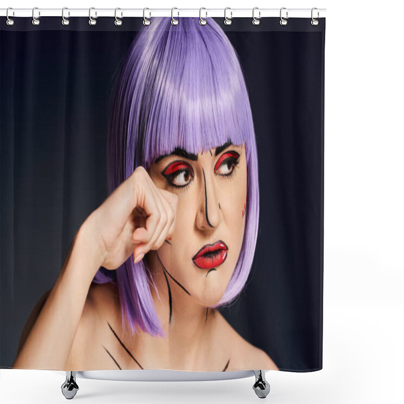 Personality  A Striking Woman With Vibrant Purple Hair And Bold Makeup, Reminiscent Of A Character From A Comic Book, Showing Cry Shower Curtains