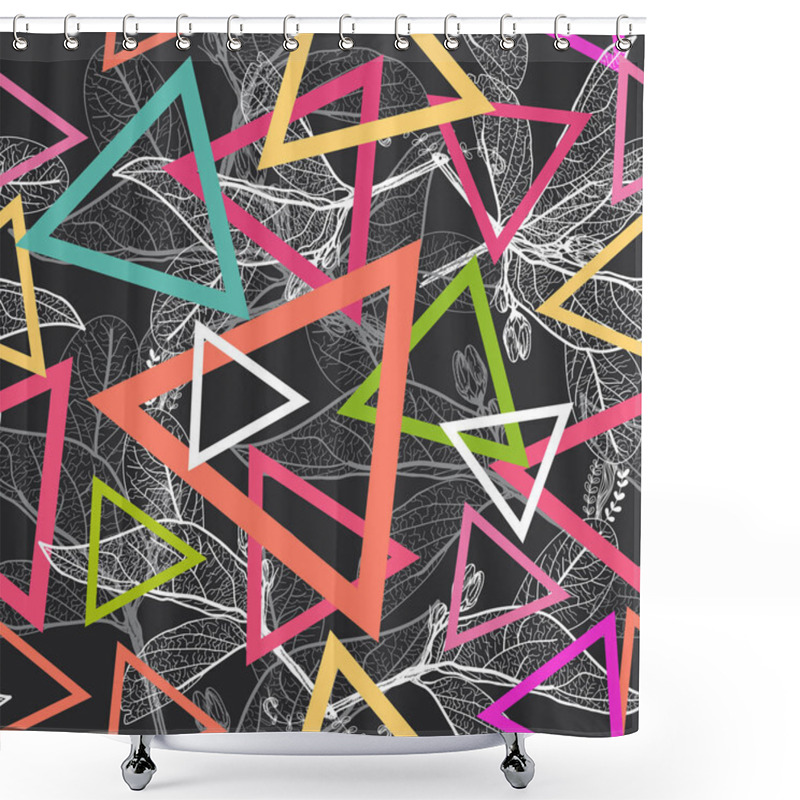 Personality  Leaves Contours, Triangle Rainbow Bright Magenta Pink Orange Blue Purple Modern Trendy Background. Floral Seamless Pattern. Geometric Abstract Black Background For Site, Blog, Fabric. Vector Illustration Shower Curtains