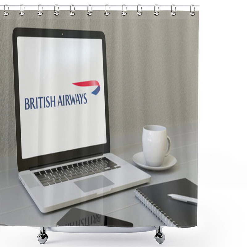 Personality  Laptop With British Airways Logo On The Screen. Modern Workplace Conceptual Editorial 3D Rendering Shower Curtains